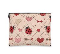 Borsa per il trucco con coccinella, astuccio per cosmetici vintage a forma di cuore, da donna, organizer portatile in tela con cerniera, borsa da toilette da viaggio per San Valentino, Pesca, 7x9 Inch