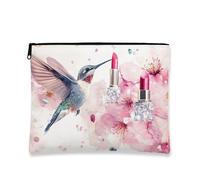 Borsa per il trucco con colibrì, borsa per cosmetici floreale ad acquerello per donne, organizer portatile in tela con cerniera, borsa da viaggio primaverile, Pesca, 7x9 Inch, Colibrì