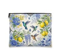 Borsa per il trucco con colibrì e colibrì con stampa botanica colibrì, Blu | Illustrazione botanica, sacchetto della chiusura lampo del trucco, tema giardino mediterraneo, opere d'arte vibranti