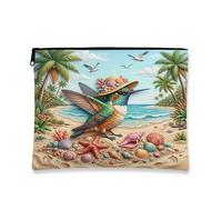 Borsa per il trucco con colibrì e uccello, in rilievo con conchiglie costiere, borsa da viaggio per donne, regali per ragazze, organizer portatile con cerniera in tela tropicale, 17,8 x 22,9 cm
