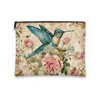 Borsa per il trucco con colibrì, elegante borsa da viaggio floreale vintage per donne, piccola borsa portatile in tela con cerniera, borsa da toilette regalo per festival di primavera, Blu, 7x9 Inch