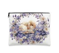 Borsa per il trucco con coniglietto ad acquerello, graziosa borsa da viaggio per cosmetici floreale da donna, piccola borsa portatile in tela con cerniera, regalo primaverile per la cura della pelle