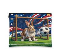Borsa per il trucco con coniglietto da calcio, divertente, borsa da viaggio per donne, piccola borsa portatile in tela con cerniera, borsa da toeletta con animali, 17,8 x 22,9 cm
