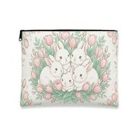 Borsa per il trucco con coniglietto floreale, borsa da viaggio per cosmetici da donna, organizer portatile in tela con cerniera, borsa da toilette primaverile per la cura della pelle, bianco, 7x9 Inch