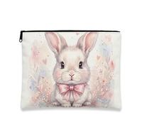 Borsa per il trucco con coniglio, borsa da viaggio per cosmetici floreale pastello per donne, organizer portatile in tela con cerniera, borsa da toilette primaverile per la cura della pelle, bianco