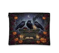Borsa per il trucco con corvo gotico e zucche di Halloween Art Ravens | Scena gotica dell'altare, sacchetto della cerniera del trucco, rose scure, Jack-o'-lanterne incandescenti, candele mistiche