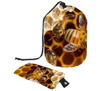 Borsa per il trucco con coulisse, a forma di barile, borsa per cosmetici da viaggio, borsa per il trucco, organizer pieghevole per articoli da toeletta per donne e ragazze, motivo: ape miele sul nido