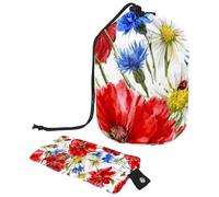 Borsa per il trucco con coulisse, a forma di barile, borsa per cosmetici da viaggio, borsa per il trucco, organizer pieghevole per articoli da toeletta per donne e ragazze, papavero rosso fiorito con