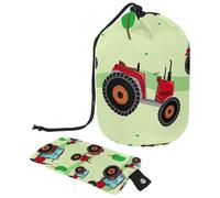 Borsa per il trucco con coulisse, a forma di barile, borsa per cosmetici da viaggio, borsa per il trucco, organizer pieghevole per articoli da toeletta per donne e ragazze, trattore rosso sul campo,