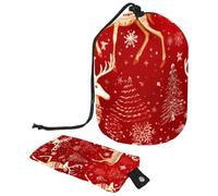 Borsa per il trucco con coulisse, borsa da viaggio per cosmetici di grande capacità, con piccola borsa con cerniera, borsa da toilette portatile da donna, con fiocchi di neve rossi e bianchi natalizi,