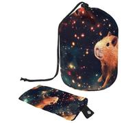 Borsa per il trucco con coulisse, grande capacità, da viaggio, con piccola borsa con cerniera, borsa da toilette portatile, borsa da toilette da donna, motivo: margherita Capybara, Multicolore 5.,