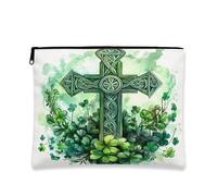 Borsa per il trucco con croce celtica, borsa da viaggio artistica vintage verde floreale per donne, organizer portatile in tela con cerniera, borsa da toilette primaverile per la cura della pelle