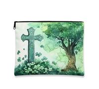 Borsa per il trucco con croce celtica, borsa da viaggio per cosmetici con motivo floreale verde acquerello per donne, organizer portatile in tela con cerniera, borsa da toilette primaverile per la