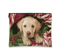 Borsa per il trucco con cuccioli, borsa da viaggio per cosmetici da donna, piccola borsa portatile in tela con cerniera, borsa da toilette natalizia per la cura della pelle, Rosso, 7x9 Inch, cucciolo