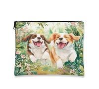 Borsa per il trucco con cuccioli floreali, borsa da viaggio per cosmetici vintage da donna, organizer portatile in tela con cerniera, borsa da toilette primaverile per la cura della pelle, Verde, 7x9