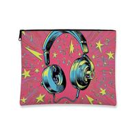 Borsa per il trucco con cuffie e musica retrò, organizer colorato per cosmetici pop art da donna, piccola custodia portatile in tela con cerniera, scelta perfetta per gli amanti della musica e i