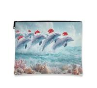 Borsa per il trucco con delfino, borsa da viaggio per cosmetici, da donna, piccola borsa portatile in tela con cerniera, borsa da toilette per la cura della pelle della spiaggia, Blu, 7x9 Inch