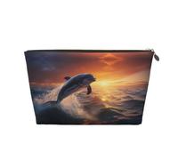 Borsa per il trucco con delfino che danza al tramonto, trousse da viaggio per articoli da toeletta da donna, borsa per il trucco in pelle, borsa organizer per trucchi carina, Oro, Taglia unica