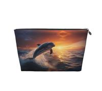 Borsa per il trucco con delfino che danza al tramonto, trousse da viaggio per articoli da toeletta da donna, borsa per il trucco in pelle, borsa organizer per trucchi carina, Argento, Taglia unica
