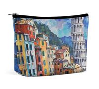 Borsa per il trucco con dipinto delle Cinque Terre e della Torre di Pisa, grande capacità, pochette cosmetica portatile per donna