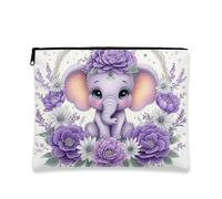 Borsa per il trucco con elefante e fiori viola, adorabile astuccio da viaggio per donne, piccolo organizer portatile in tela con cerniera, regalo di compleanno per la cura della pelle, Viola, 7x9 Inch