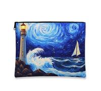 Borsa per il trucco con faro nautico, borsa da viaggio per cosmetici da donna, piccola borsa portatile in tela con cerniera, borsa da toilette estiva da spiaggia, Blu, 7x9 Inch, Faro