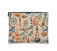 Borsa per il trucco con faro nautico, borsa da viaggio per cosmetici in stile vintage corallo da donna, organizer portatile in tela con cerniera, borsa per la cura della pelle estiva da spiaggia, 17,8