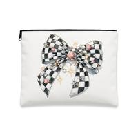 Borsa per il trucco con fiocco a scacchiera, elegante organizer per cosmetici da donna, borsa portatile per vacanze e viaggi, borsa da toilette invernale per le festività, Nero, Bianco, 7x9 Inch