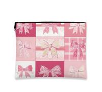 Borsa per il trucco con fiocco di pesca, borsa da viaggio per cosmetici vintage patchwork per donne, organizer portatile in tela con cerniera, borsa da toilette regalo primaverile, Pesca, 7x9 Inch