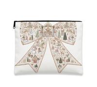 Borsa per il trucco con fiocco natalizio, astuccio per cosmetici vintage da donna, organizer portatile in tela con cerniera, borsa da toilette invernale per la cura della pelle, bianco, 7x9 Inch