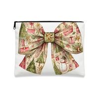 Borsa per il trucco con fiocco natalizio, astuccio per cosmetici vintage da donna, organizer portatile in tela con cerniera, borsa da toilette regalo invernale, bianco, 7x9 Inch, Fiocco