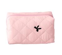 Borsa per il trucco con fiocco, organizer da viaggio estetico, portamatite portatile, design con nastro decorativo, ampia apertura, accessorio per la cura della bellezza da donna, rosa, Fare