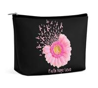 Borsa per il trucco con fiocco rosa e fiore per la consapevolezza del cancro al seno, borsa da viaggio in PU, impermeabile, con cerniera, per articoli da toeletta da donna, 6,8x5,9 pollici