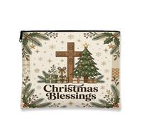 Borsa per il trucco con frase religiosa di benedizioni natalizie a forma di | Tema religioso, sacchetto della chiusura lampo del trucco, bordi del ramo di pino, accenti invernali del fiocco di neve