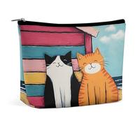 Borsa per il trucco con gatti su una capanna sulla spiaggia, organizer da viaggio per articoli da toilette, pochette cosmetica per donna, regalo di compleanno per mamma, ragazze, donne e sorelle