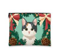 Borsa per il trucco con gatto carino, verde per le vacanze natalizie, borsa da viaggio per donne, piccola borsa portatile in tela con cerniera, borsa da toilette invernale per la cura della pelle