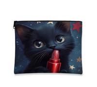 Borsa per il trucco con gatto cosmico stellato, adorabile borsa per cosmetici da viaggio spaziale glitterata per donne, piccola borsa portatile in tela con cerniera, regalo per le vacanze, nero, 7x9