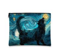 Borsa per il trucco con gatto notturno stellato, borsa da viaggio artistica blu a spirale per donne, organizer portatile in tela con cerniera, borsa da toilette invernale per la cura della pelle, Blu