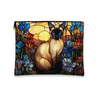 Borsa per il trucco con gatto siamese, borsa da viaggio per cosmetici in stile vetro colorato per donne, piccola borsa portatile in tela con cerniera, organizer per articoli da toeletta ispirati alla