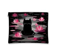 Borsa per il trucco con gatto zen, borsa da viaggio per cosmetici con motivo floreale mistico nero con ninfea, borsa da viaggio compatta in tela con cerniera, organizer per articoli da toeletta per la