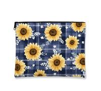 Borsa per il trucco con girasole, blu navy, motivo floreale, borsa da viaggio per donne, piccola borsa portatile in tela con cerniera, regalo per festival di primavera, Navy, 7x9 Inch, Girasole