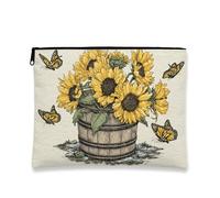 Borsa per il trucco con girasole, borsa da viaggio vintage rustica per donne, piccola borsa portatile in tela con cerniera, regalo per la cura della pelle dei festival di primavera, Giallo, 7x9 Inch