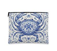 Borsa per il trucco con granchio blu, borsa per cosmetici vintage floreale da donna, organizer portatile in tela con cerniera, borsa da viaggio estiva da spiaggia, Blu, 7x9 Inch, Granchio