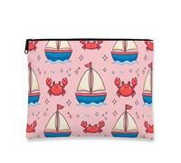 Borsa per il trucco con granchio e barca a vela, graziosa borsa per cosmetici da donna, organizer portatile in tela con cerniera, borsa da viaggio estiva, Pesca, 7x9 Inch, Granchio