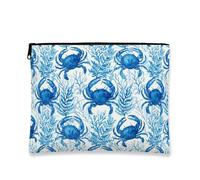 Borsa per il trucco con granchio nautico, borsa da viaggio per cosmetici blu acquerello costiera per donne, piccola custodia portatile in tela con cerniera, organizer per articoli da toeletta estivi