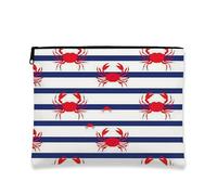 Borsa per il trucco con granchio nautico, granchi rossi su strisce blu, astuccio da viaggio per donne, piccolo organizer portatile in tela con cerniera, regalo da spiaggia per la cura della pelle