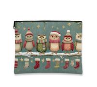 Borsa per il trucco con gufo, graziosa borsa da viaggio per cosmetici invernali da donna, piccola borsa portatile in tela con cerniera, borsa da toilette per la cura della pelle delle vacanze, Blu
