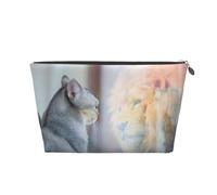 Borsa per il trucco con il gatto che si guarda allo specchio, borsa da viaggio per articoli da toeletta da donna, borsa per il trucco in pelle, borsa per il trucco carina, Argento, Taglia unica