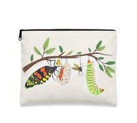 Borsa per il trucco con insetti, borsa da viaggio per cosmetici, con farfalla colorata e bruco, per donne, piccola borsa portatile in tela con cerniera, borsa da toilette regalo naturale, Crema, 7x9