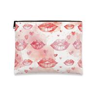 Borsa per il trucco con labbra romantiche, borsa cosmetica con stampa acquerello bacio per donne, organizer da viaggio in tela portatile con cerniera, borsa da toilette per San Valentino, Pesca, 7x9